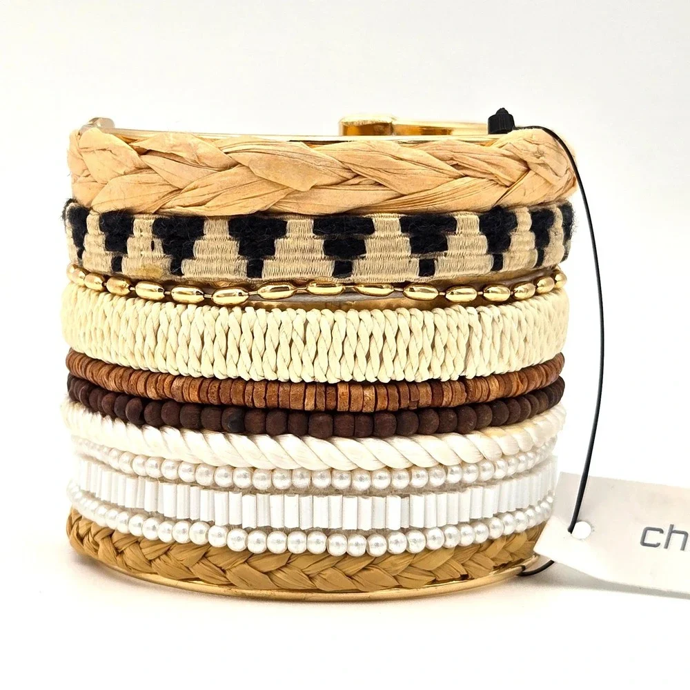 Chico's Global Textures Cuff & Amelia Stretch Tassel Bracelet Set NWT Gold Wood